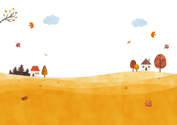 简单的秋天草地山丘，房子和树木水彩画图片下载