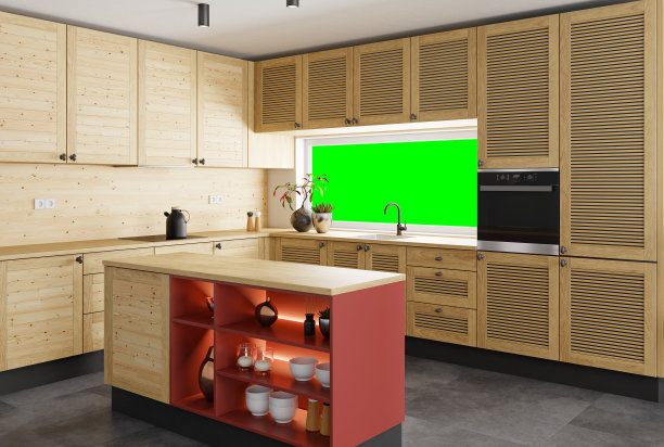 带岛的现代斯堪的纳维亚厨房。天然木质橱柜。背景色度键。图片下载