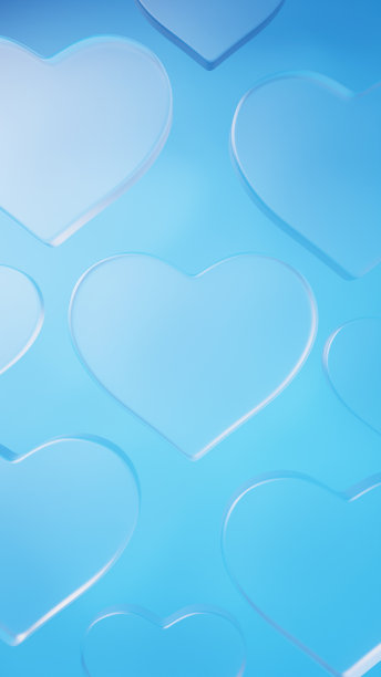 3 d演示。蓝色背景上有多个透明的玻璃心。心的背景。(垂直)图片下载
