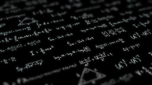 摘要物理方程概念，数学计算，科学公式，算术和手写几何符号，黑色背景手写粉笔研究，三维渲染图片下载