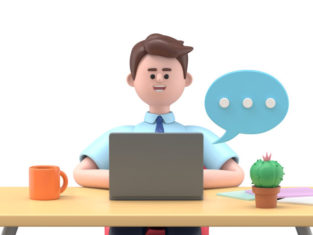 一个微笑的亚洲男人菲利克斯笔记本电脑和在办公室的桌子上工作的3D插图，咖啡杯，仙人掌。卡通人物肖像或自由职业者在电脑上聊天的语音气泡。工作场所的概念。白色背景上的3D渲染。图片下载