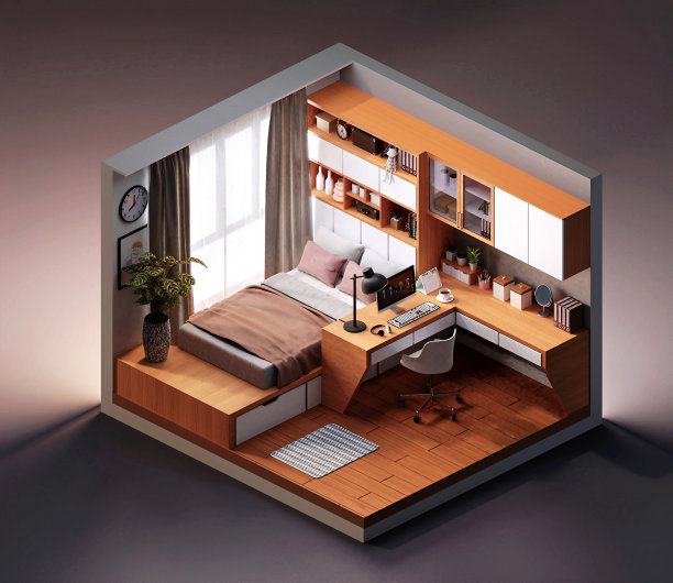 带家具的等距卧室。三维演示图片下载