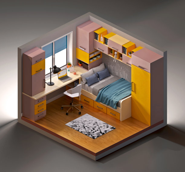 带家具的等距卧室。三维演示图片下载