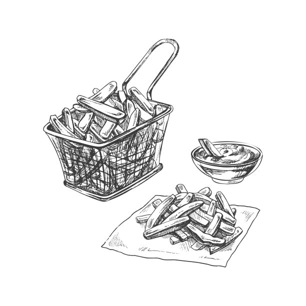手工绘制的炸薯条在金属网容器和番茄酱，孤立。单色的垃圾食品复古插画。很棒的菜单，海报或餐厅背景。图片下载