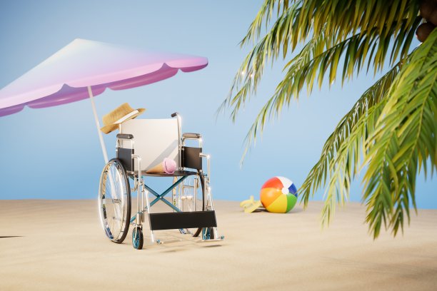 坐轮椅的人可以去海滩度假。三维渲染图片下载