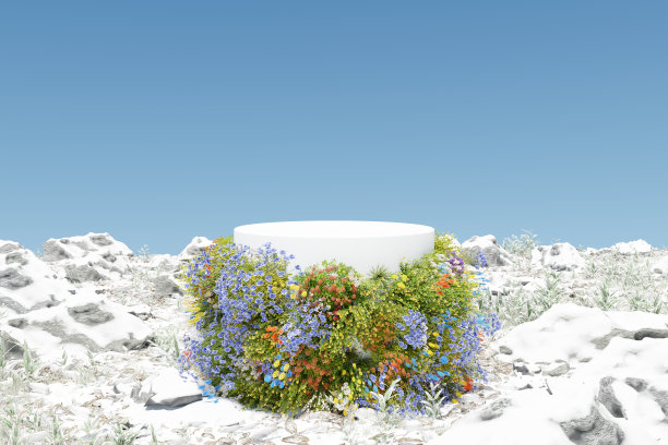 摘要三维渲染冬季场景和自然的讲台背景，冰讲台上覆盖彩色的花在雪岩石和草地背景晴朗的天空为产品展示，广告，化妆品或图片下载