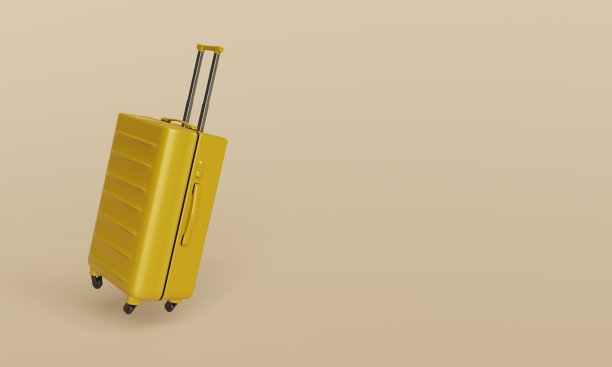 黄色飞行行李箱与粉彩米色背景。旅行的概念。简约风格，复制空间图片下载