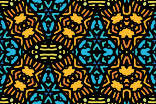 彩色非洲图案，民族设计，曲线线和几何形状，金黄色，橙色，蓝绿色和绿色，插图图片下载