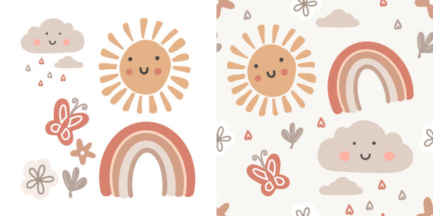 可爱的卡通波西米亚苗圃图案。儿童卧室墙壁装饰的矢量印刷。无缝图案与卡通彩虹，太阳和云图片下载