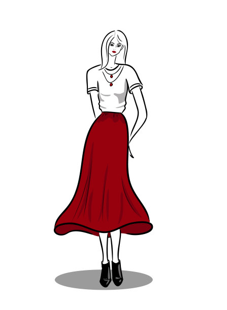 一名时髦女子穿着飘飘的红裙子和白t恤摆造型图片下载