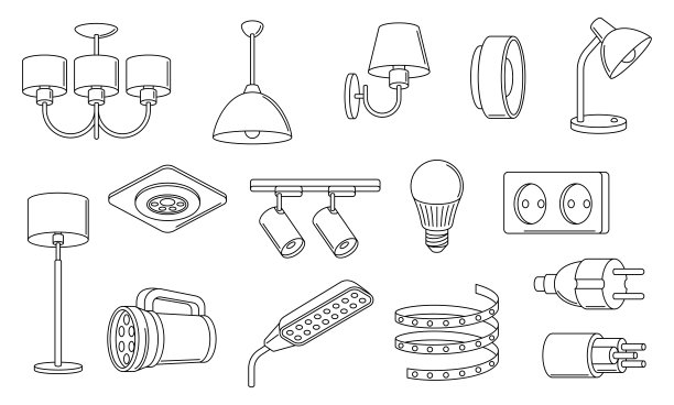 一套电气照明和灯具。电气设备。工业或商业图像。网站和商店图标。图片下载