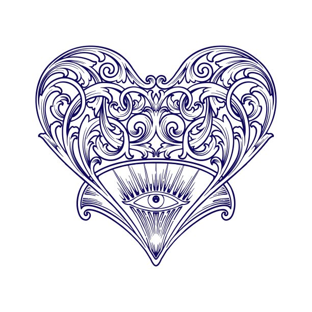 经典优雅维多利亚风格心形漩涡花纹装饰单眼插画剪影图片下载