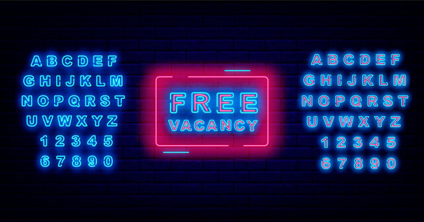 免费空缺霓虹灯标签。发光的绿松石字母。欢迎加入我们的团队。求职设计。矢量图图片下载