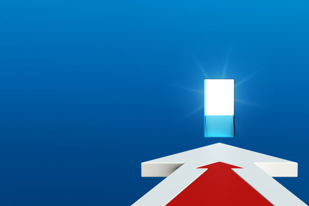 白色红色箭头指向蓝色背景上的照明入口。经营方式，不同的创意思路，培养工作生活理念。三维渲染图片下载