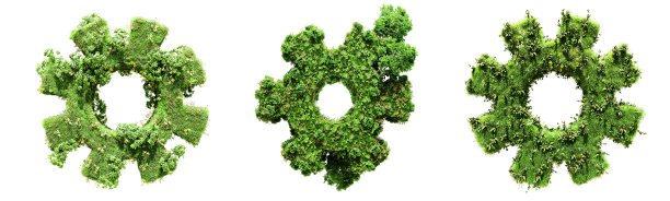 一套齿轮杂草，植物和树木。生态系统机制细节，绿色生产理念，生态主题风格设计元素，正面视图，3d渲染图片下载