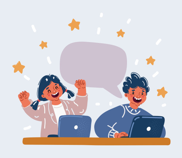 快乐的学童与笔记本电脑在课堂上的矢量插图。教育。图片下载