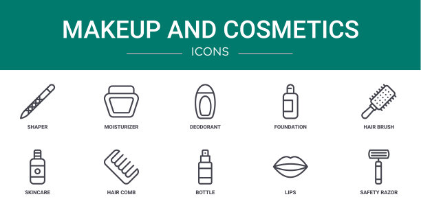 一套10轮廓网化妆和化妆品图标，如塑形器，润肤霜，除臭剂，粉底，发刷，护肤品，梳子矢量图标报告，演示，图表，网页设计，图片下载