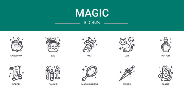 10个大纲网络魔术图标，如大锅，包，根，猫，药水，卷轴，蜡烛矢量图标的报告，演示，图表，网页设计，移动应用程序图片下载
