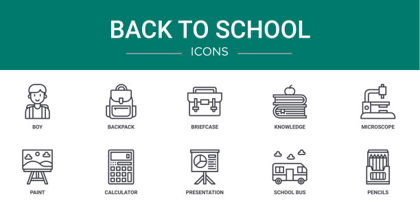 10个大纲网页回到学校的图标，如男孩，背包，公文包，知识，显微镜，油漆，计算器矢量图标的报告，演示文稿，图表，网页设计，移动应用程序图片下载