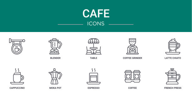 一套10轮廓网络咖啡馆图标，如，搅拌机，桌子，咖啡研磨机，拿铁chiato，卡布奇诺，摩卡壶矢量图标的报告，演示，图表，网页设计，移动应用程序图片下载