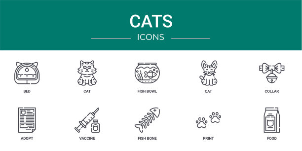 10个轮廓网猫图标，如床，猫，鱼缸，猫，领子，收养，疫苗矢量图标的报告，演示，图表，网页设计，移动应用程序图片下载