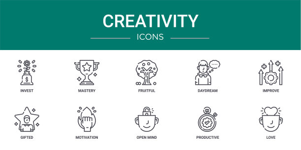 一套10概述网页创意图标，如投资，掌握，富有成效，白日梦，改善，天才，动机矢量图标的报告，演示，图表，网页设计，移动应用程序图片下载