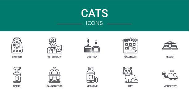 10个轮廓网猫图标，如载体，兽医，簸箕，日历，喂食器，喷雾，罐头食品矢量图标的报告，演示，图表，网页设计，移动应用程序图片下载