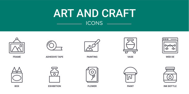 10个大纲网络艺术和工艺图标，如框架，胶带，绘画，花瓶，web de，盒子，展览矢量图标的报告，演示，图表，网页设计，移动应用程序图片下载
