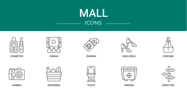 10个大纲网络商城图标，如化妆品，电影院，停车，高跟鞋，香水，相机，杂货矢量图标的报告，演示，图表，网页设计，移动应用程序图片下载