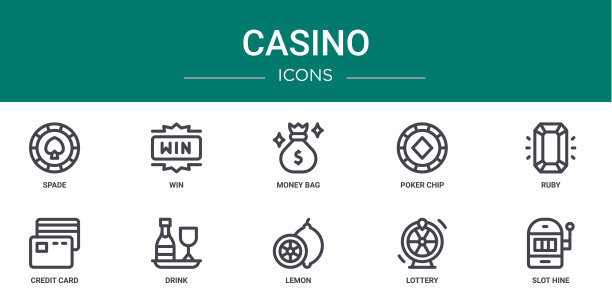 10个大纲网络赌场图标，如黑桃，赢，钱袋，扑克筹码，红宝石，信用卡，饮料矢量图标报告，演示，图表，网页设计，移动应用程序图片下载