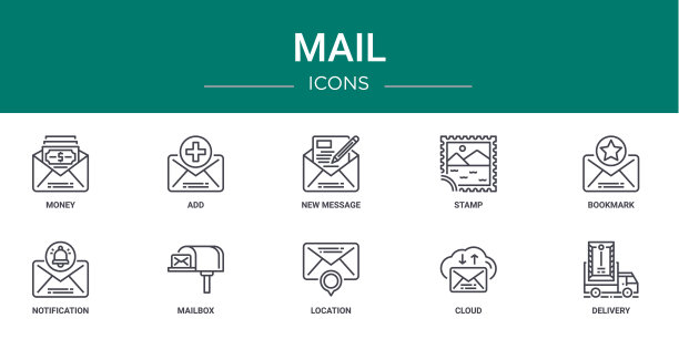 10个大纲web邮件图标，如钱，添加，新消息，邮票，书签，通知，邮箱矢量图标的报告，演示文稿，图表，网页设计，移动应用程序图片下载