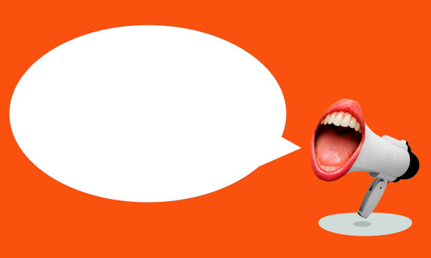 背景里有扩音器的Emale嘴在尖叫。图片下载