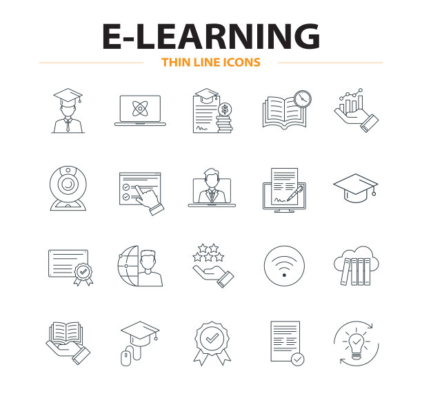 E-learning，在线教育图标设置。图片下载