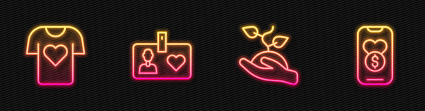 设置线路志愿者团队植树，衣服捐赠，身份证或徽章，捐赠和慈善。发光的霓虹灯图标。向量图片下载