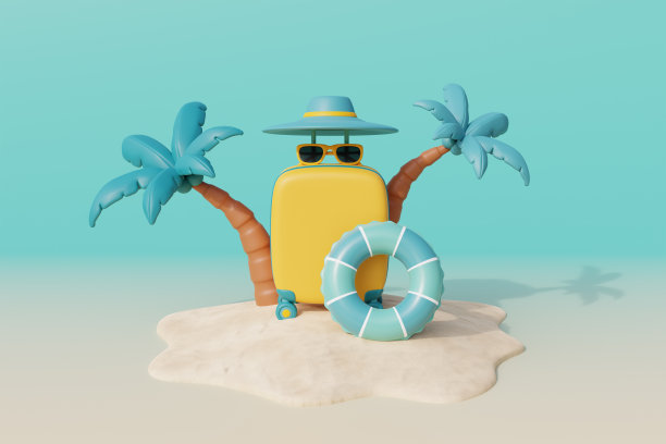 3d阳光明媚的夏日热带沙滩，有西装箱、椰子树和夏日元素。3 d渲染。图片下载