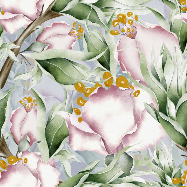 盛开的花与花粉在一个黑色的蓝色背景水彩无缝模式。淡蓝色复古背景图片下载