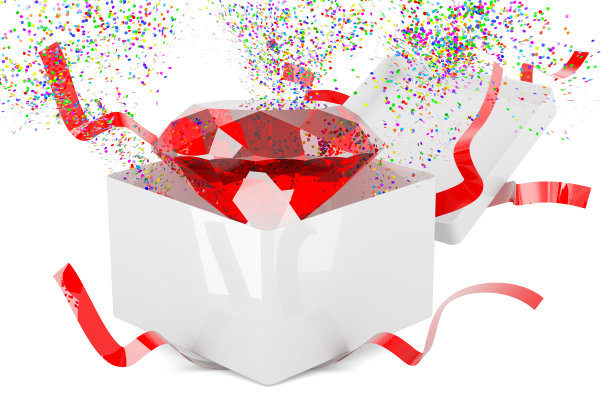 礼盒内红色宝石，礼品概念。三维渲染图片下载