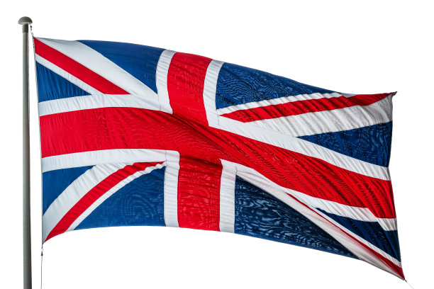 白色背景下，一根漂浮在风中的旗杆上的英国国旗图片下载