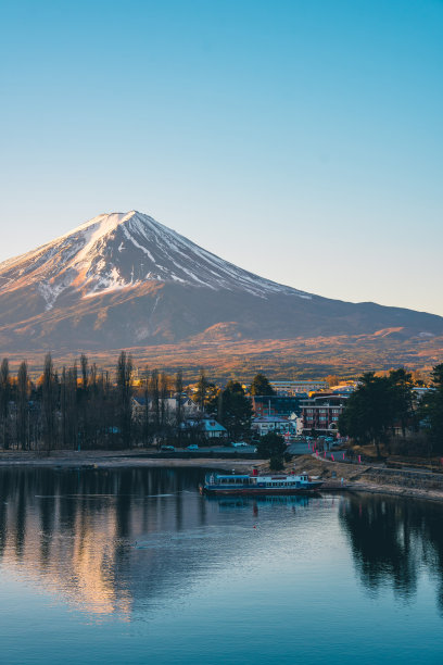冬日明媚的早晨，从川口湖对面眺望富士山和附近的川口镇图片下载