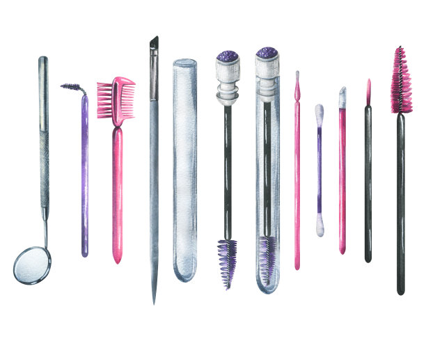 各种刷子，梳子，涂抹器，一面镜子，化妆用的棉签，贴膜和睫毛延伸。水彩插图，手绘。一套孤立的项目在白色背景。图片下载