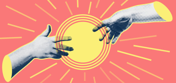 时髦的拼贴画，有手势，镂空的形状象征胜利，就像朋克。Grunge半色调复古横幅海报设计。团结，团结，信仰，祈祷，胜利。矢量图图片下载