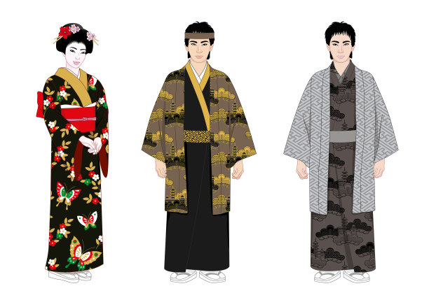 穿着和服的日本人。现实的风格。在白色背景上孤立的民族服装的人们的绘画集合。图片下载