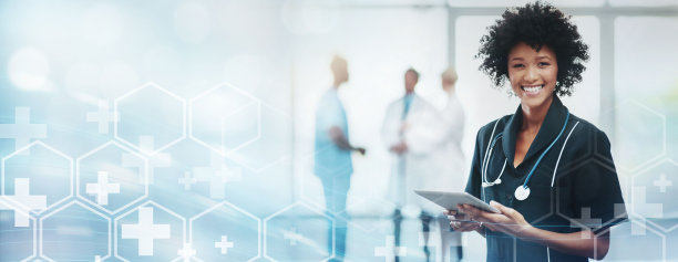 医生、平板电脑技术和医院在模型空间中叠加肖像健康、医疗保健或分析。女医生，触摸屏技术或3d全息图模拟战略，健康和研究图片下载