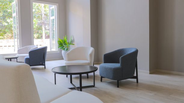 客厅与扶手椅。客厅内部的沙发和椅子装饰。办公室内的商务室内。图片下载