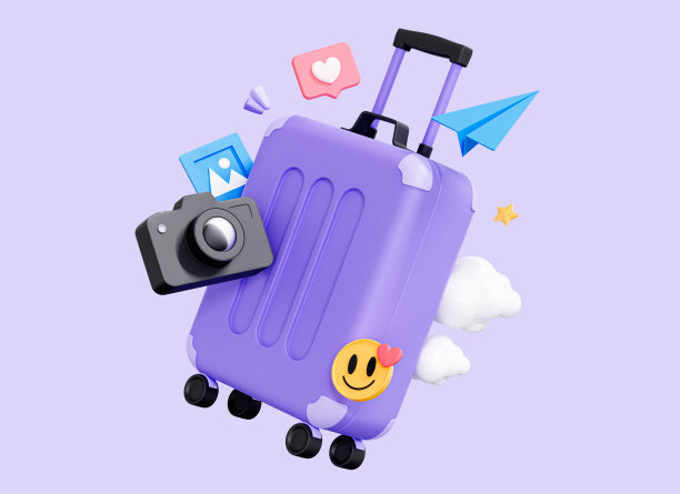 3D旅行时间概念。装有行李和照相机的手提箱。社交媒体的暑假。预定商务航班。紫色背景上孤立的卡通创意设计图标。三维渲染图片下载