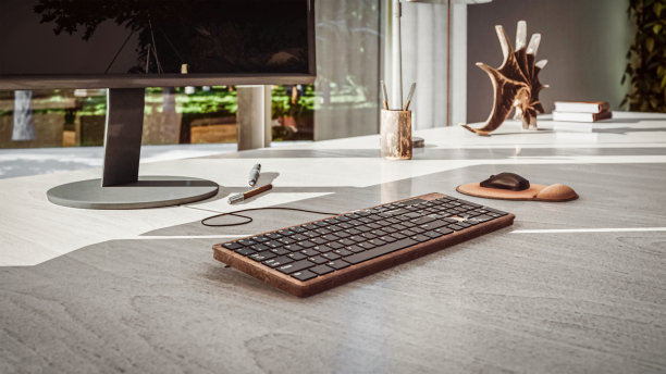 3d近距离放大细节渲染图像的电脑键盘上的家庭办公木桌子图片下载