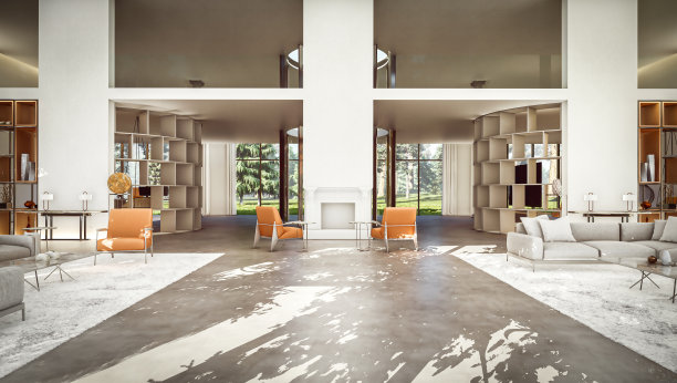 一个高大的豪华客厅的3d现代内饰图片下载