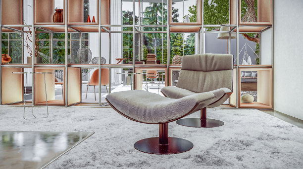 绒毛长靠背米色躺椅与奥斯曼凳子在3d图片下载