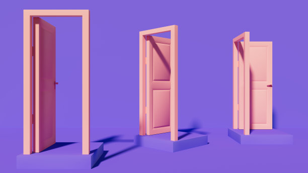 在紫色舞台上打开粉红色的门，机会概念，3d渲染图片下载