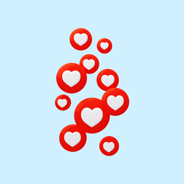 红心飞舞。喜欢在线。社交网络的概念。喜欢和爱心图标。3 d渲染。图片下载